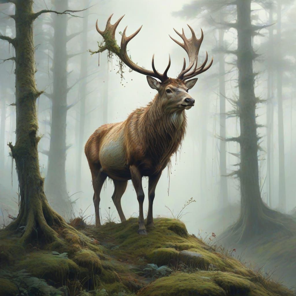 Misty Forest Stag in Watercolor Style