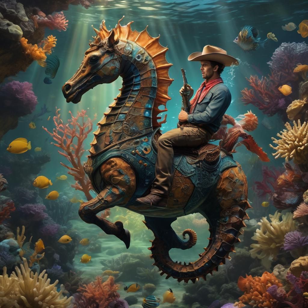 Cowboy Rides Seahorse in Vibrant Underwater Scene