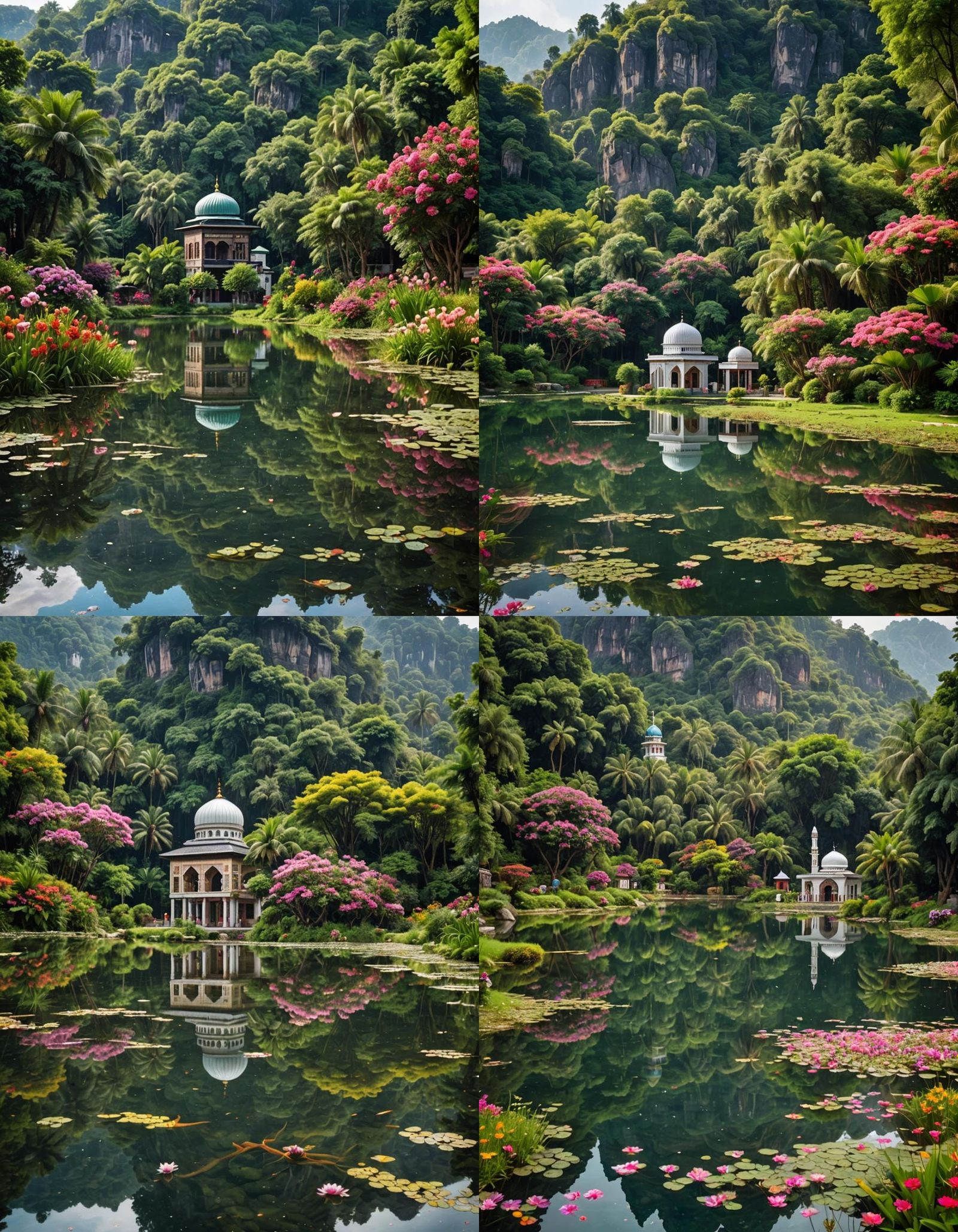 Picturesque Mosque Reflected in Lake: Detailed Matte Paintin...