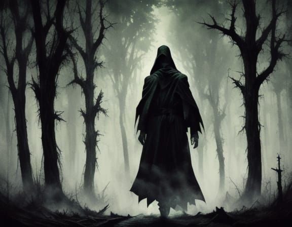 Enigmatic Figure Vanishes into Black Forest Shadows