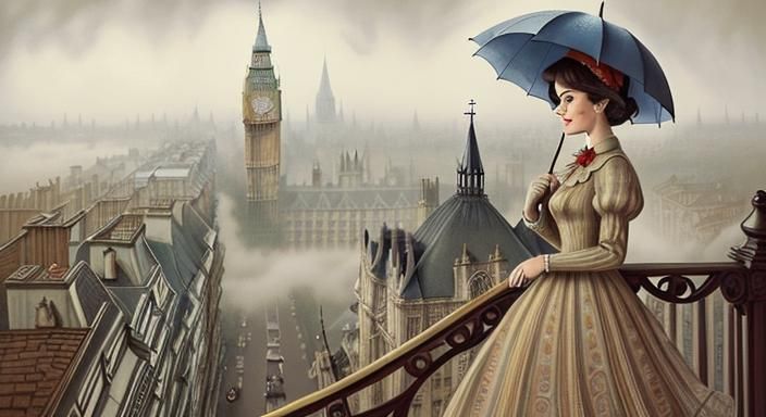 Mary Poppins Concept Art in Vintage Illustration Style