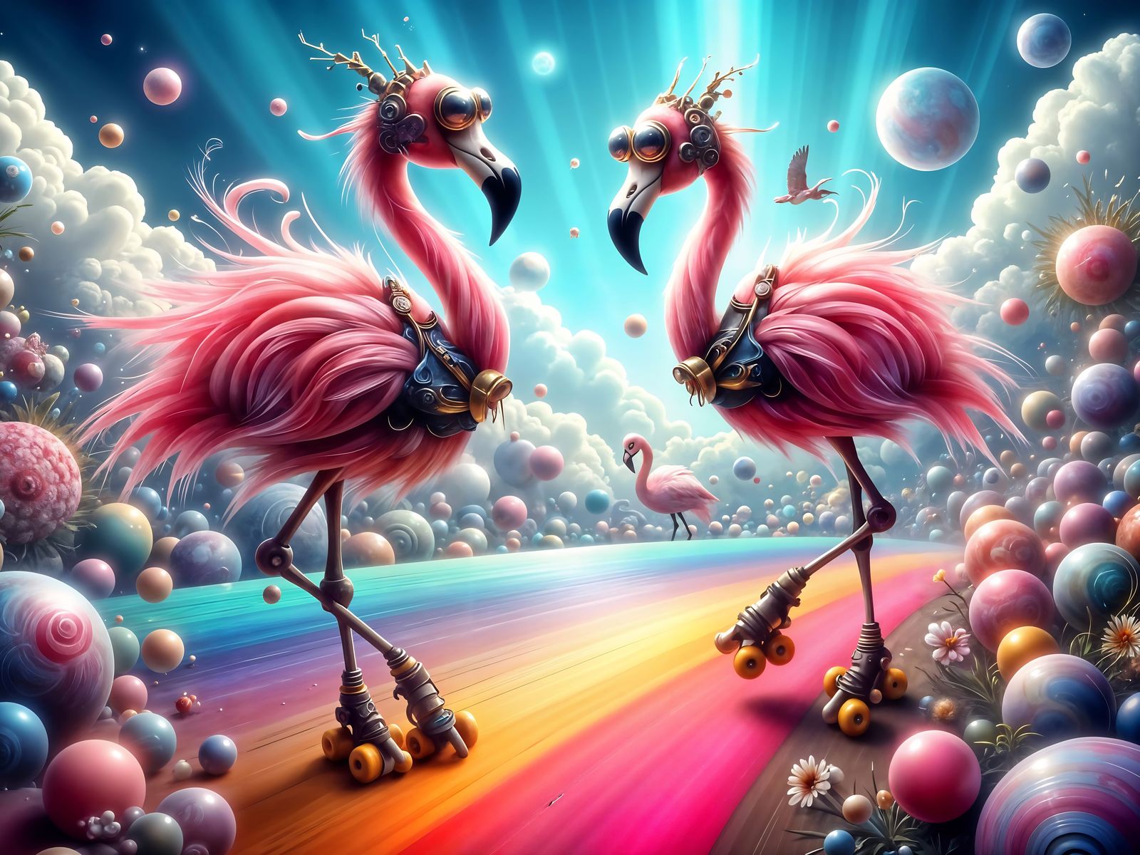 Cute Steampunk Flamingos Roller-Skate through a Vibrant, Dre...