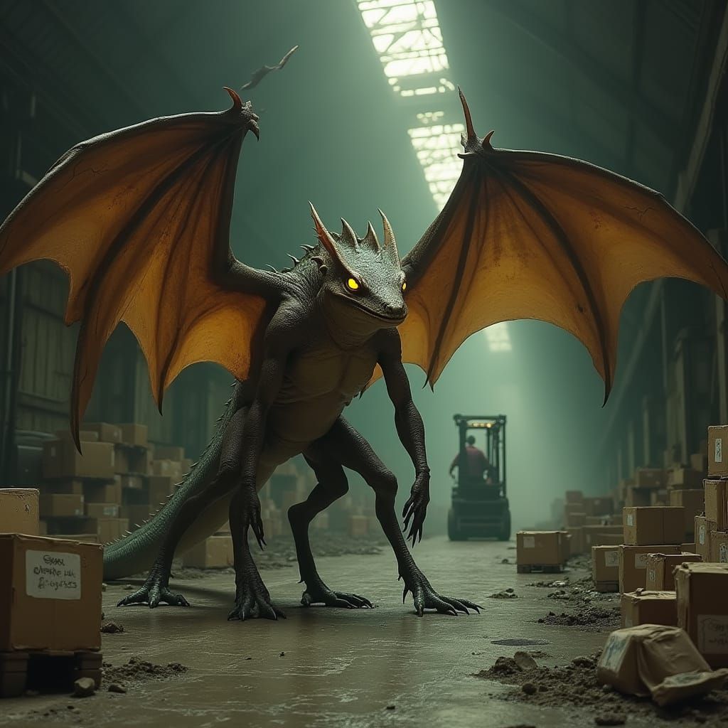 Hyper-Realistic Dracolisk in Dimly Lit Chamber