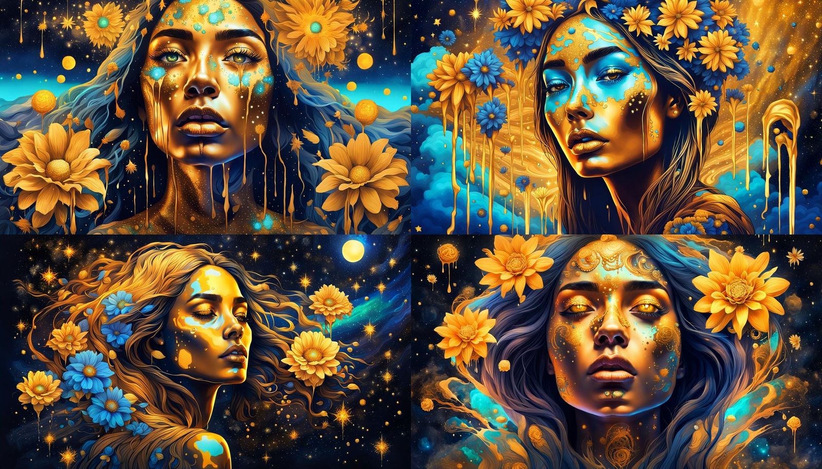 Surreal Woman with Dripping Gold Paint in Psychedelic Art