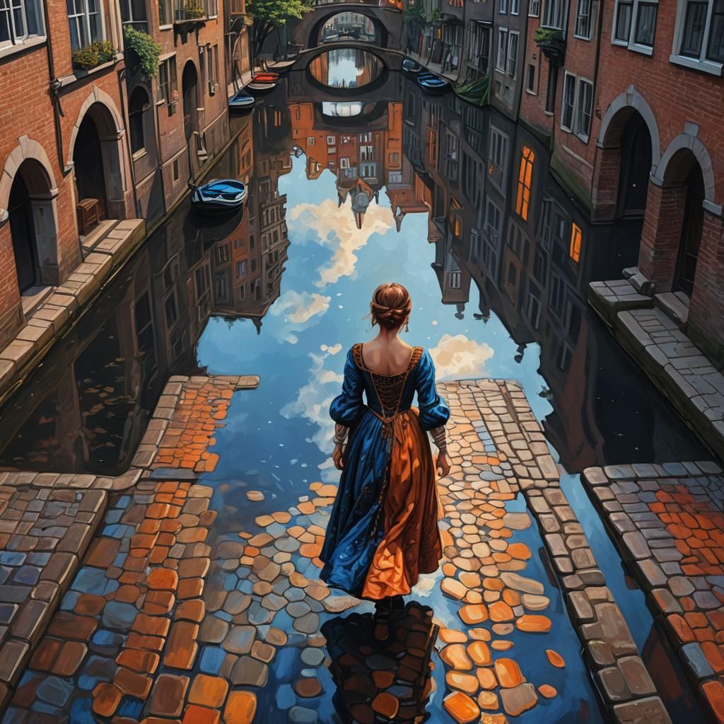 Renaissance Woman Gazing at Utrecht Canal: Oil Painting