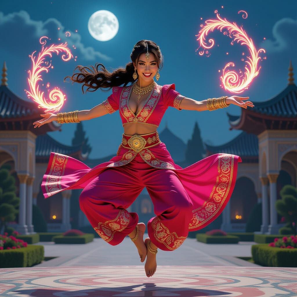 Ottoman Princess Acrobat Leaping in Moonlight Garden