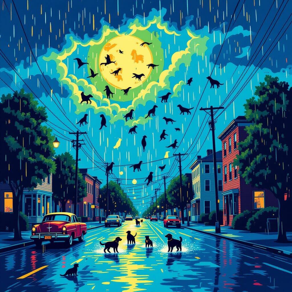 Heavy rain, but raining cats and dogs  lots of dogs and cats...