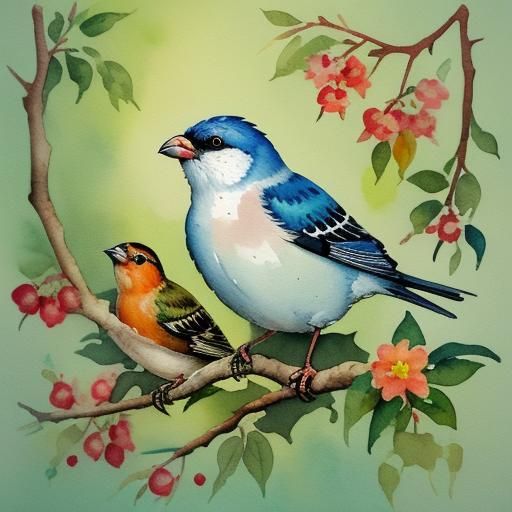 Bullfinch Nest Watercolor in Gouache Style