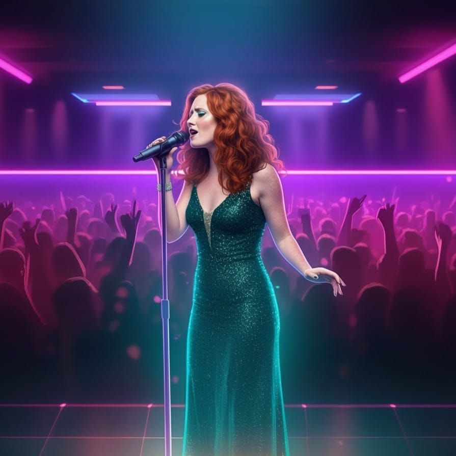 (((An interactive hologram))) of a very beautiful Irish ginger woman artist performing on nightclub stage at a concert.