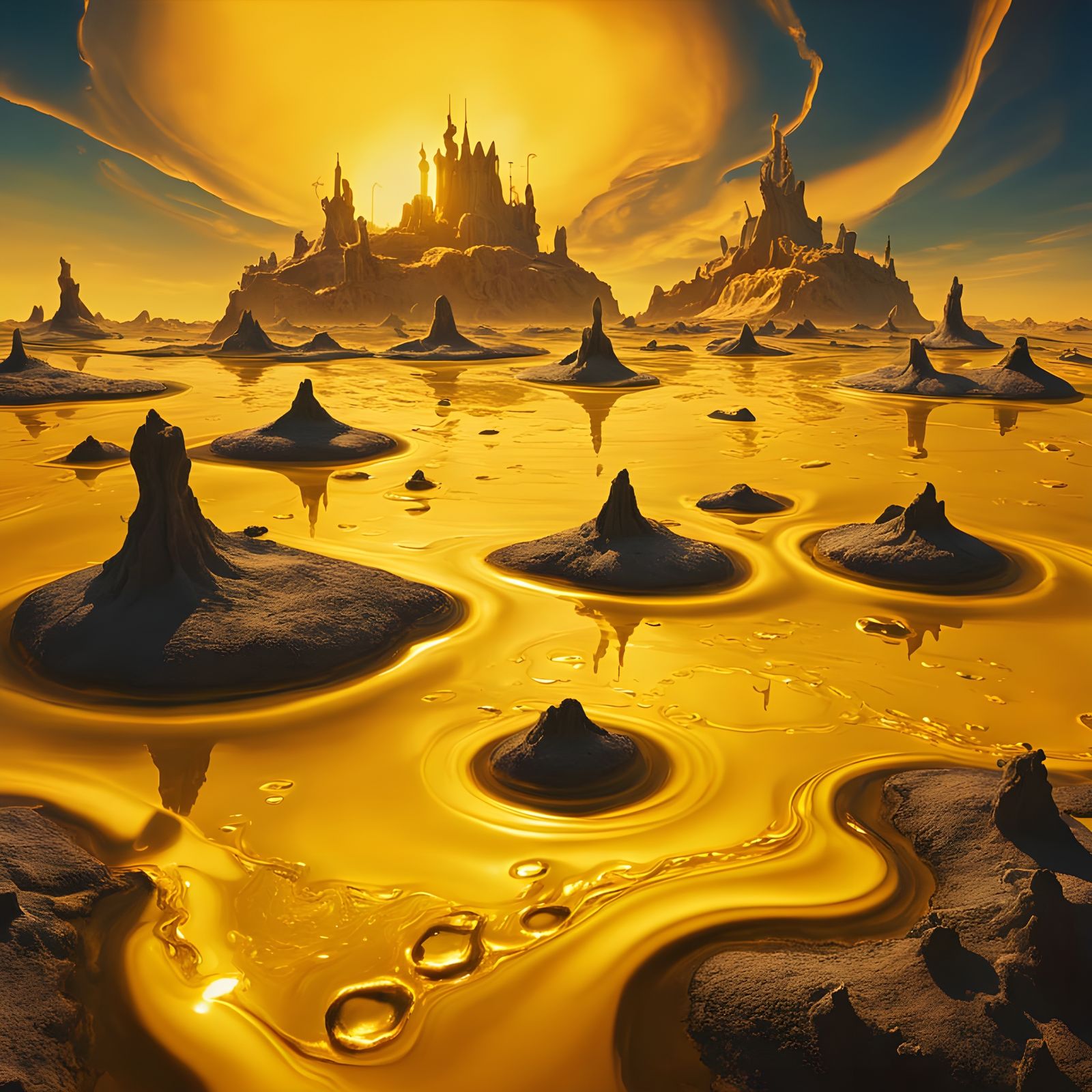 Surreal Dreamscape with Floating Islands and Liquid Gold Sky