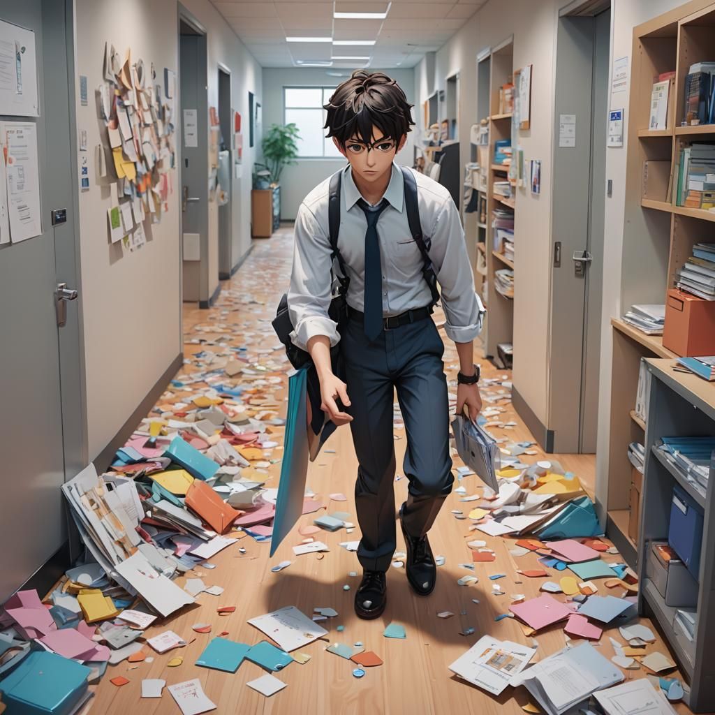 Anime Character in Office Corridor: 3D Art