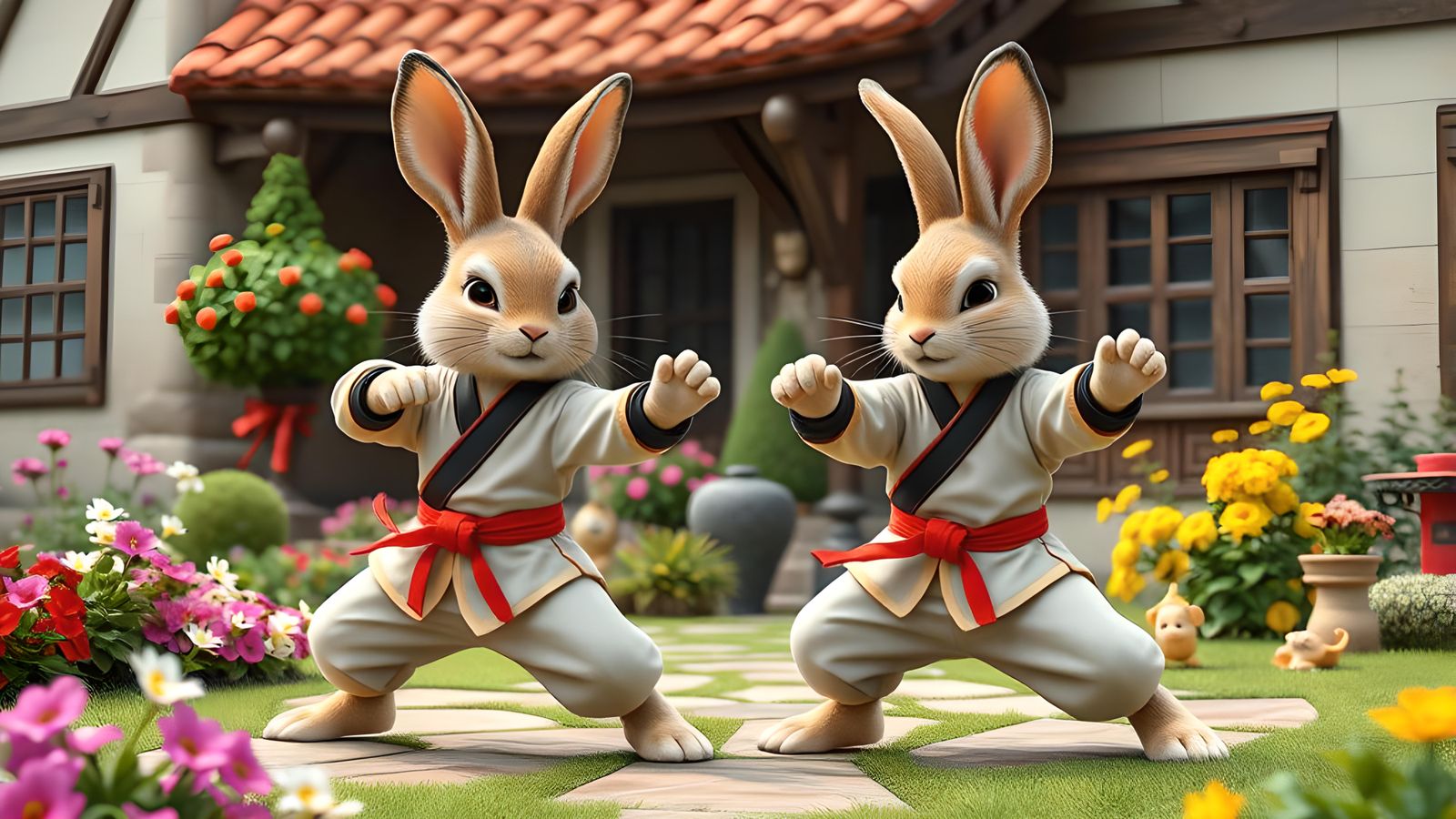 Kung Fu Fighting Rabbits in Cottage Garden