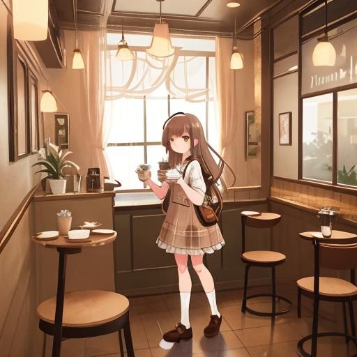 Cute Anime Girl at Starbucks in Detailed Matte Painting