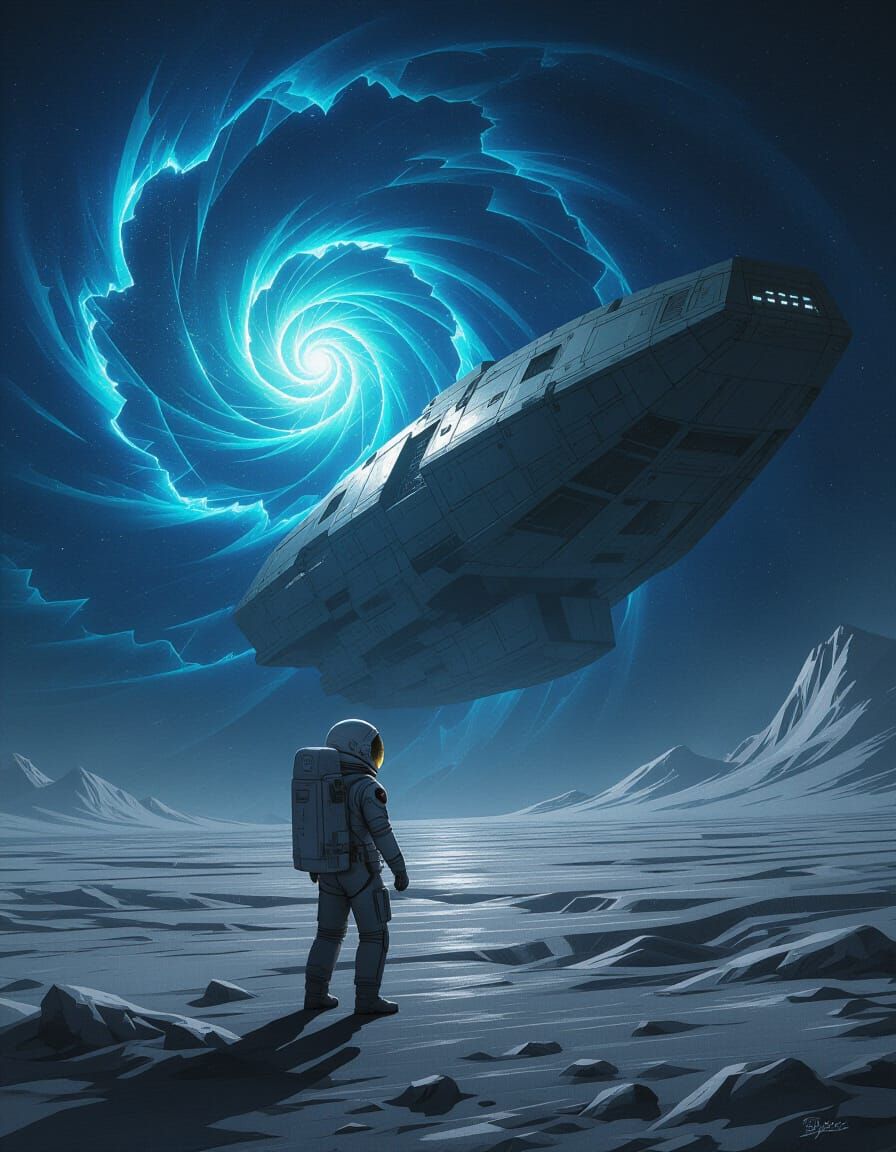 Astronaut Adrift Near Derelict Ship with Cosmic Vortex