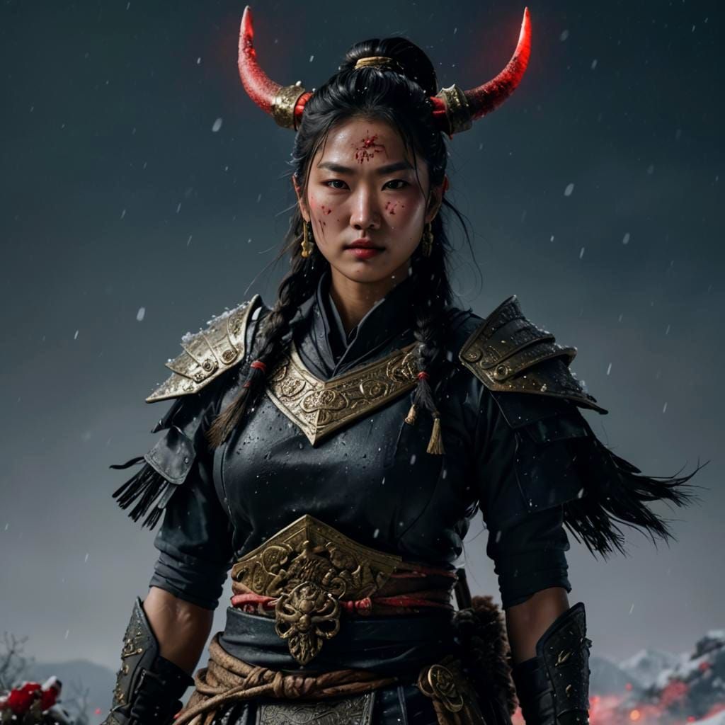 Hyperrealistic Asian Warriors in Snowy Mountain Scene