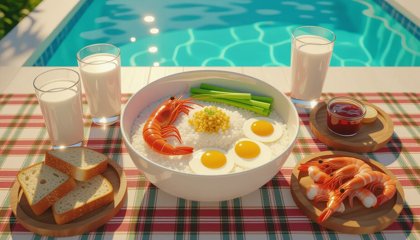 Joyful Rice Porridge Feast Beside Pool