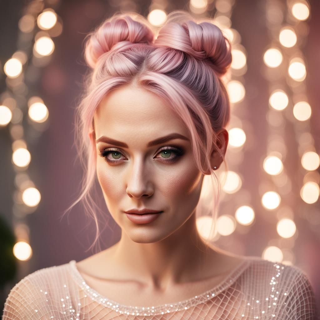 Stunning Portrait of Woman with Pink Hair and Fairy Lights
