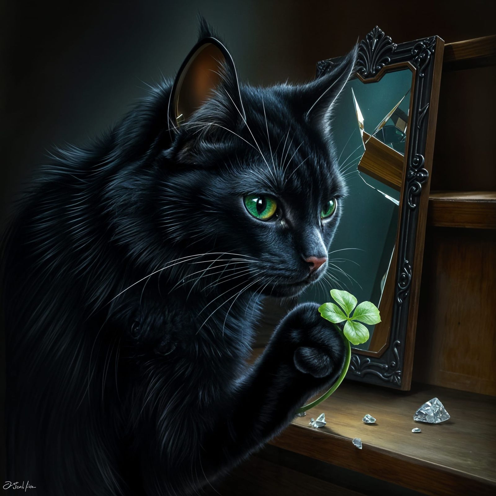 Mysterious Black Cat with Clover by Broken Mirror