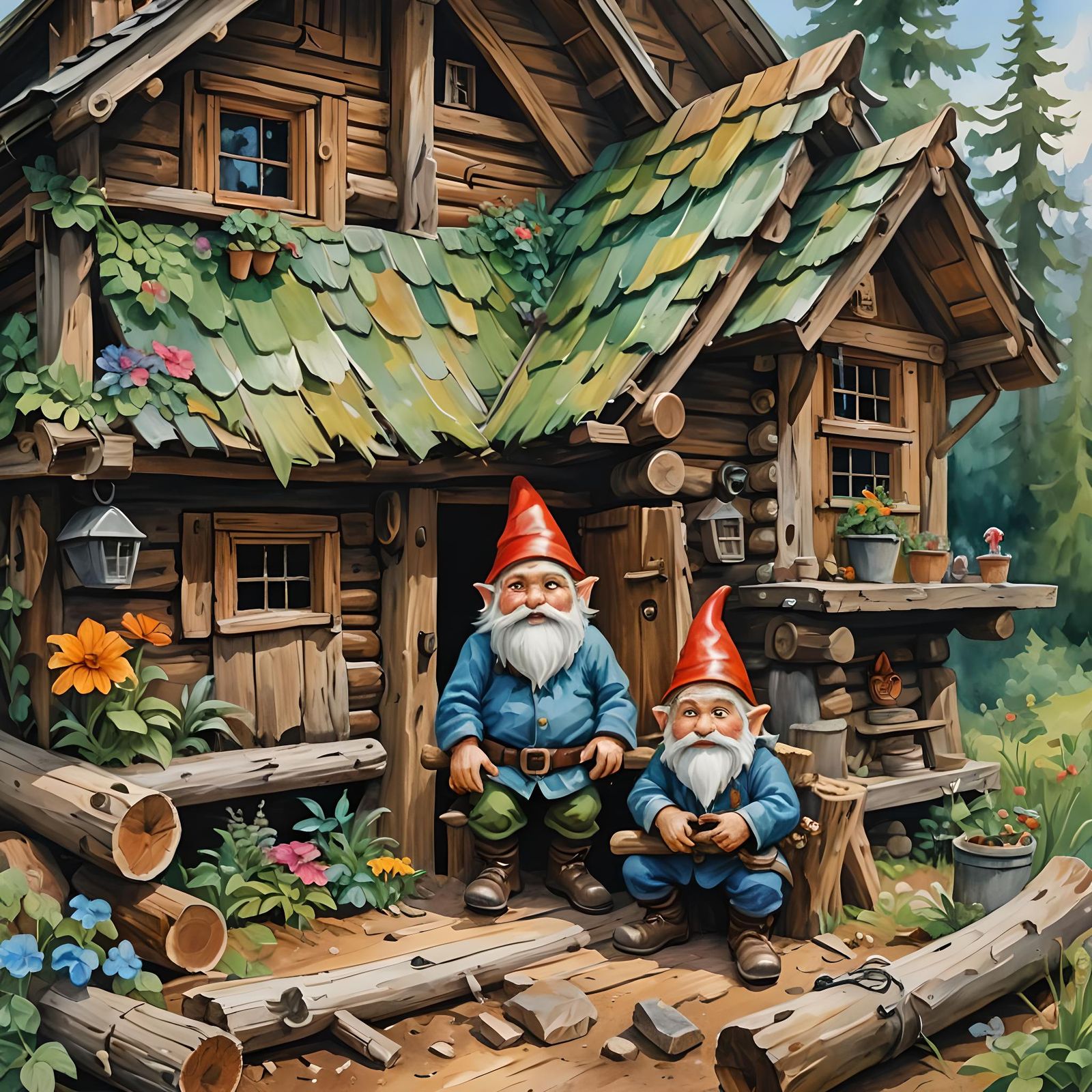 Gnomes in their log homes