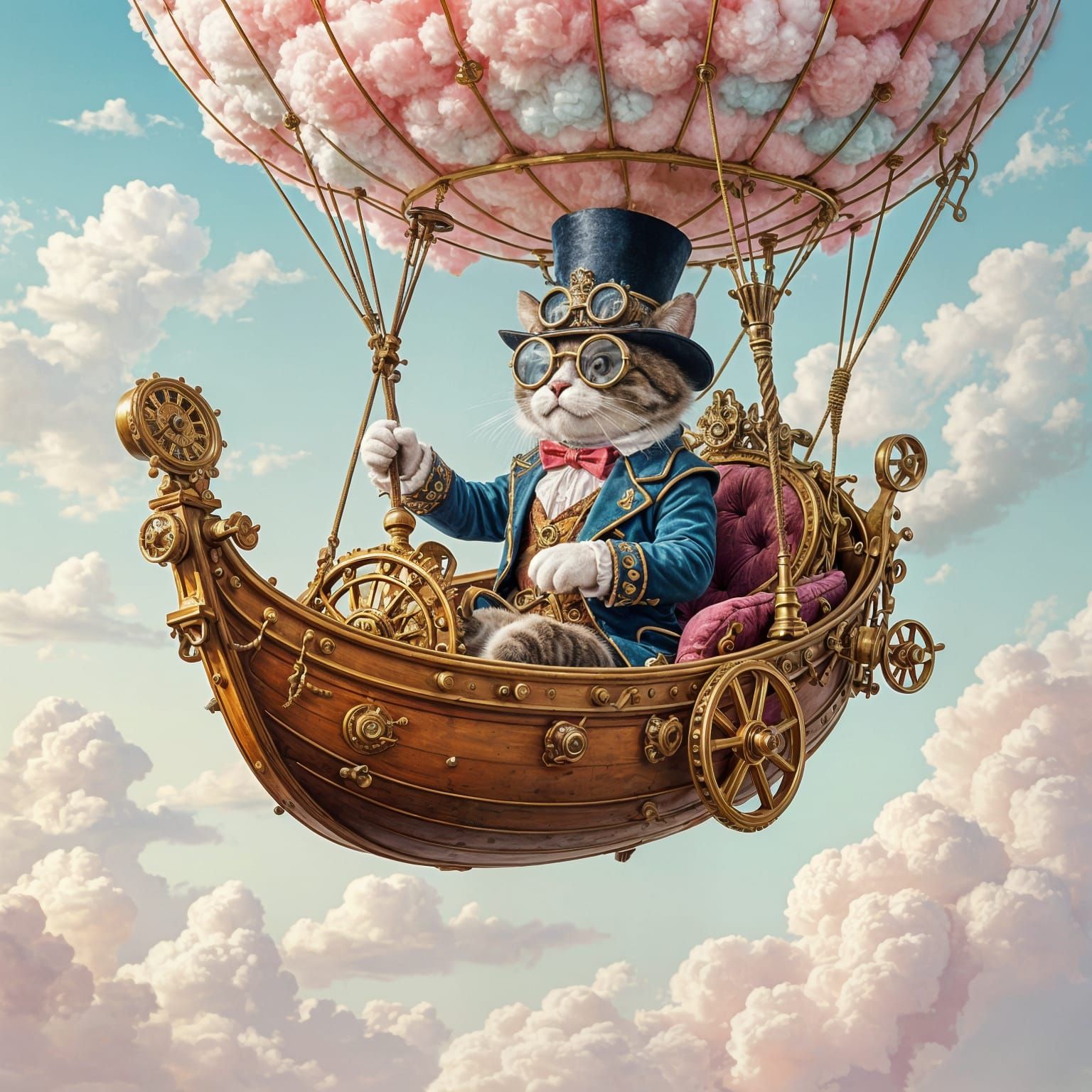 Cat Captain in Steampunk Zeppelin, Art Nouveau Style