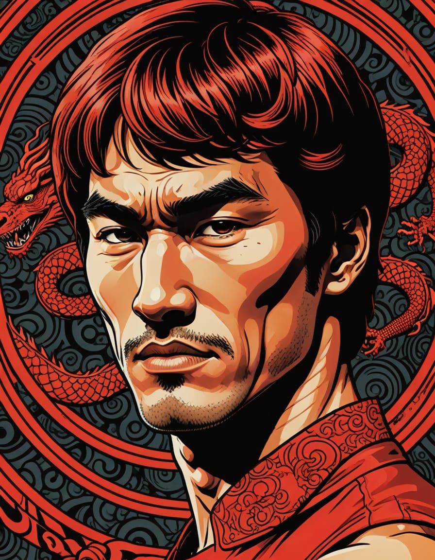 Bruce Lee in Comic Art Style with Red Bandana