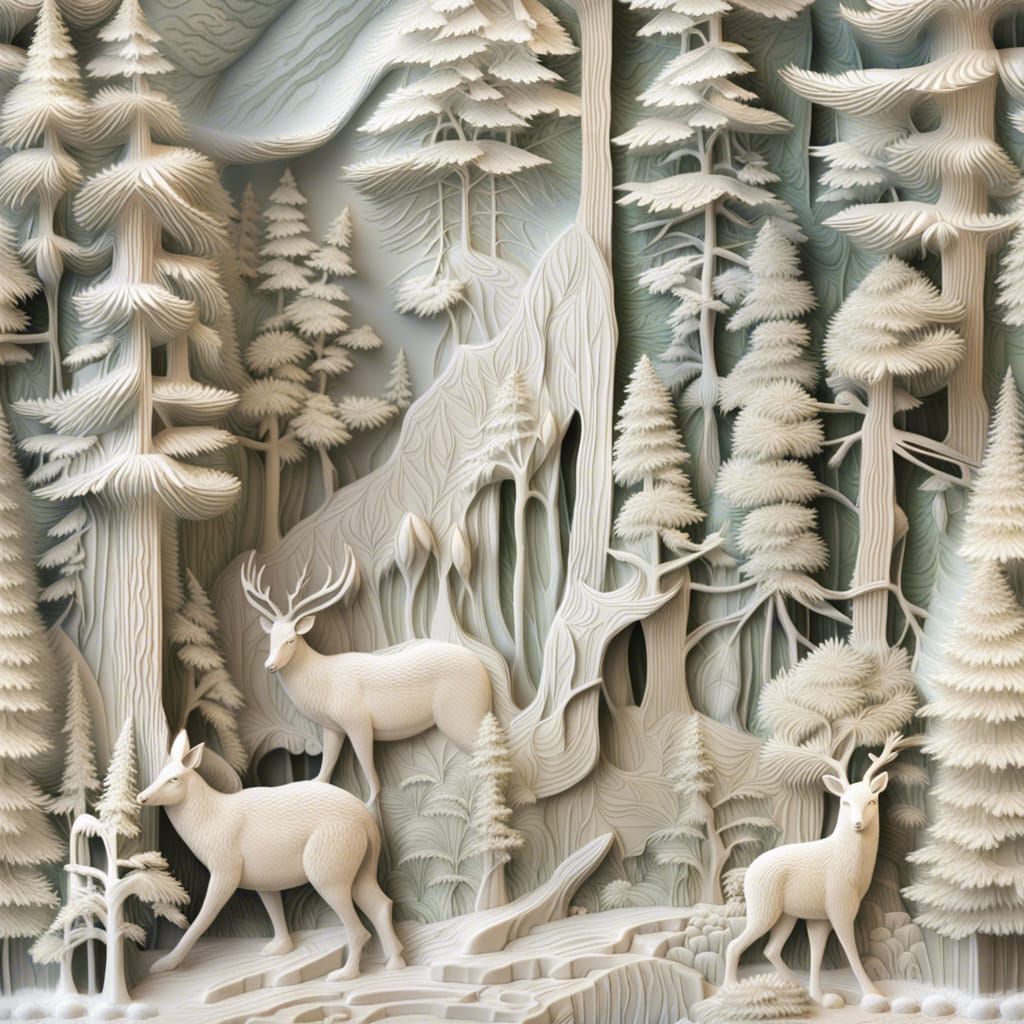 Icy Pine Forest Relief with Woodland Animals