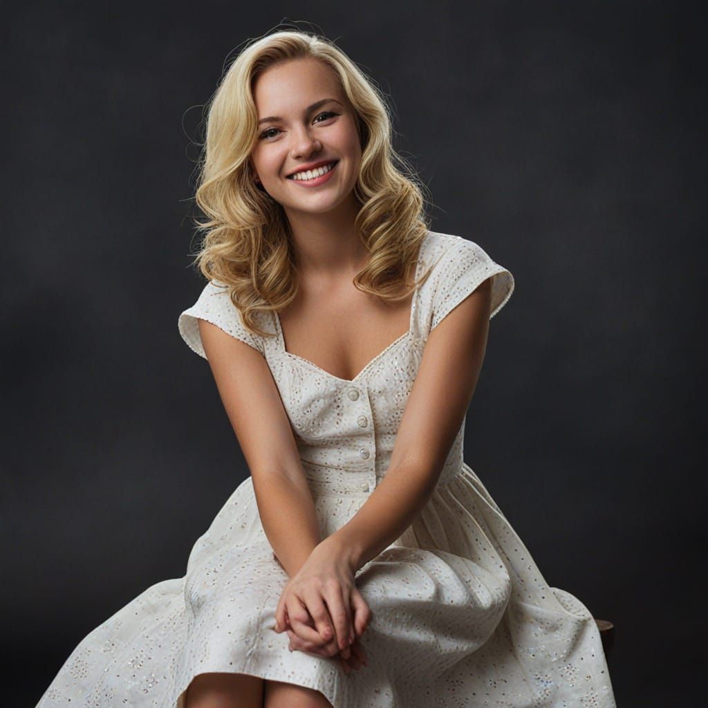 Smiling Blonde Woman in Vintage Dress