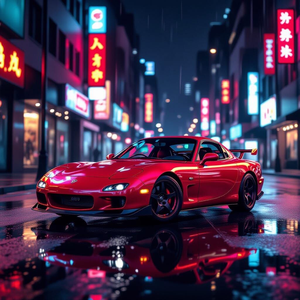 Sleek Cherry Red Mazda RX7 at Night
