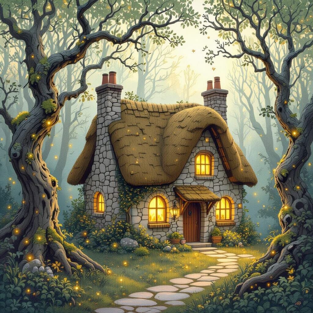 Enchanted Cottage in Forest, Whimsical Storybook Illustratio...