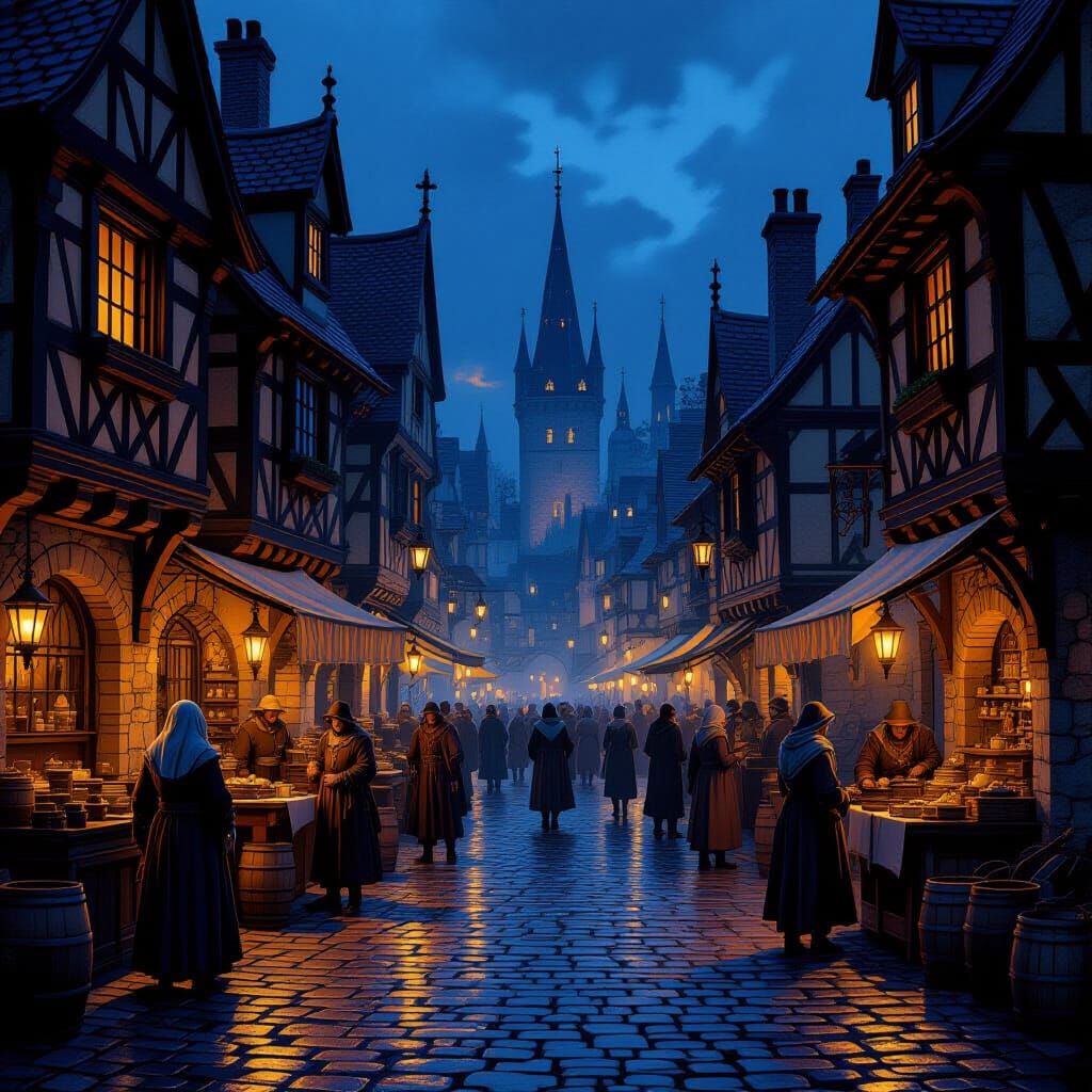 Medieval Marketplace at Dusk with Torchlight and Lanterns