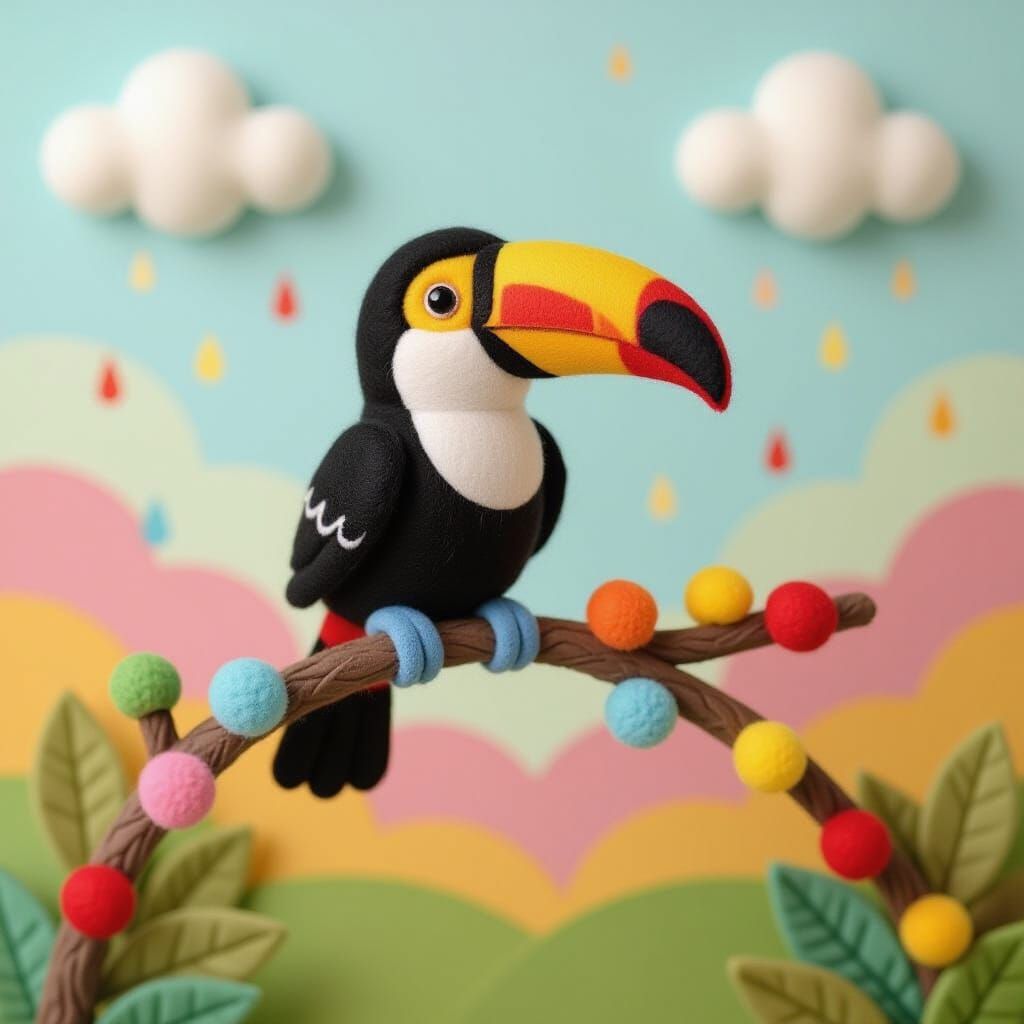 Whimsical Needle-Felted Toucan with Pom-Poms in Graffiti Sty...