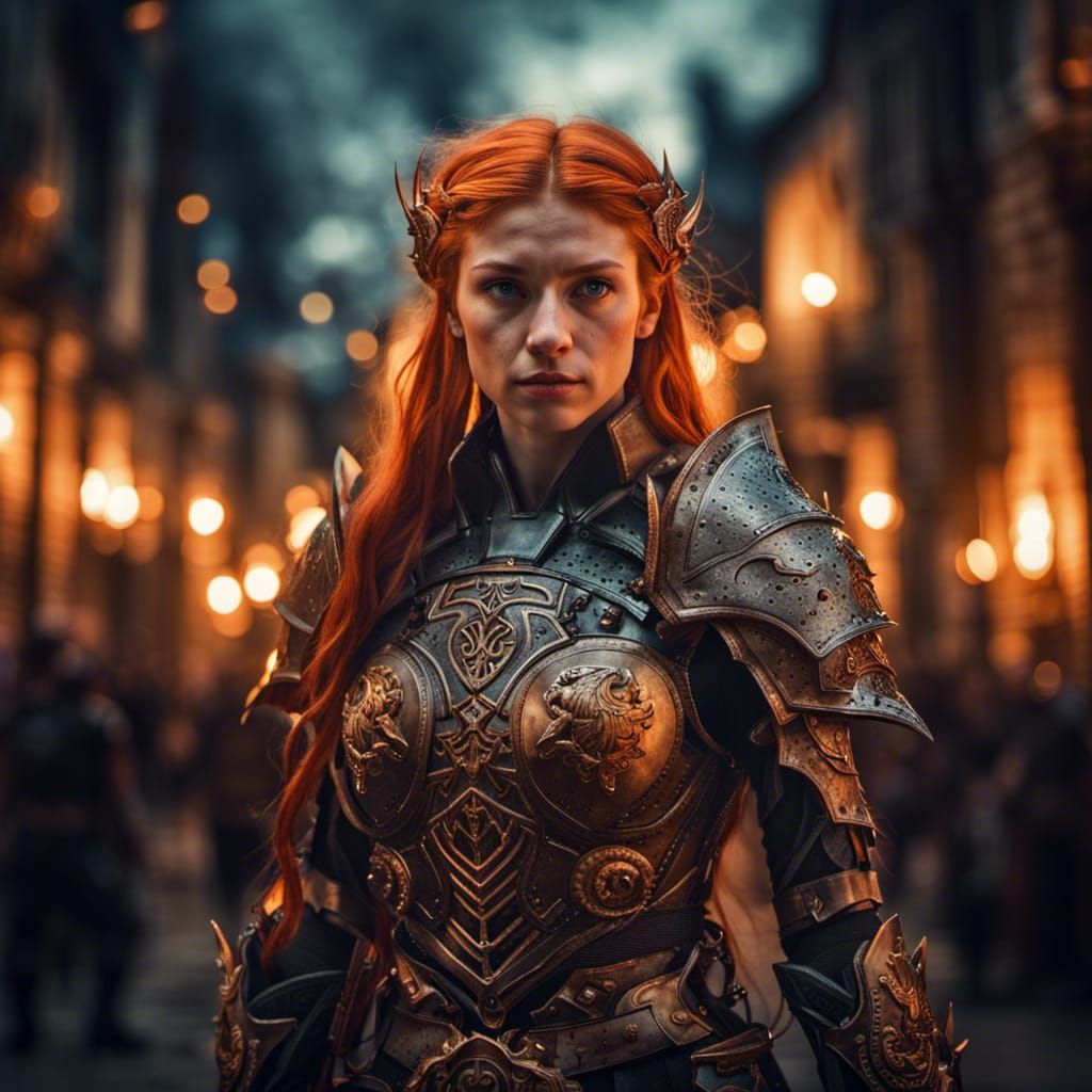 Elf Girl in Armor Amid Burning City, Hyperrealistic Portrait