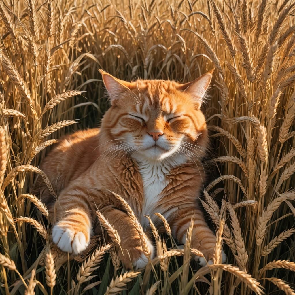 Orange Tabby Cat Napping in Golden Wheat Field