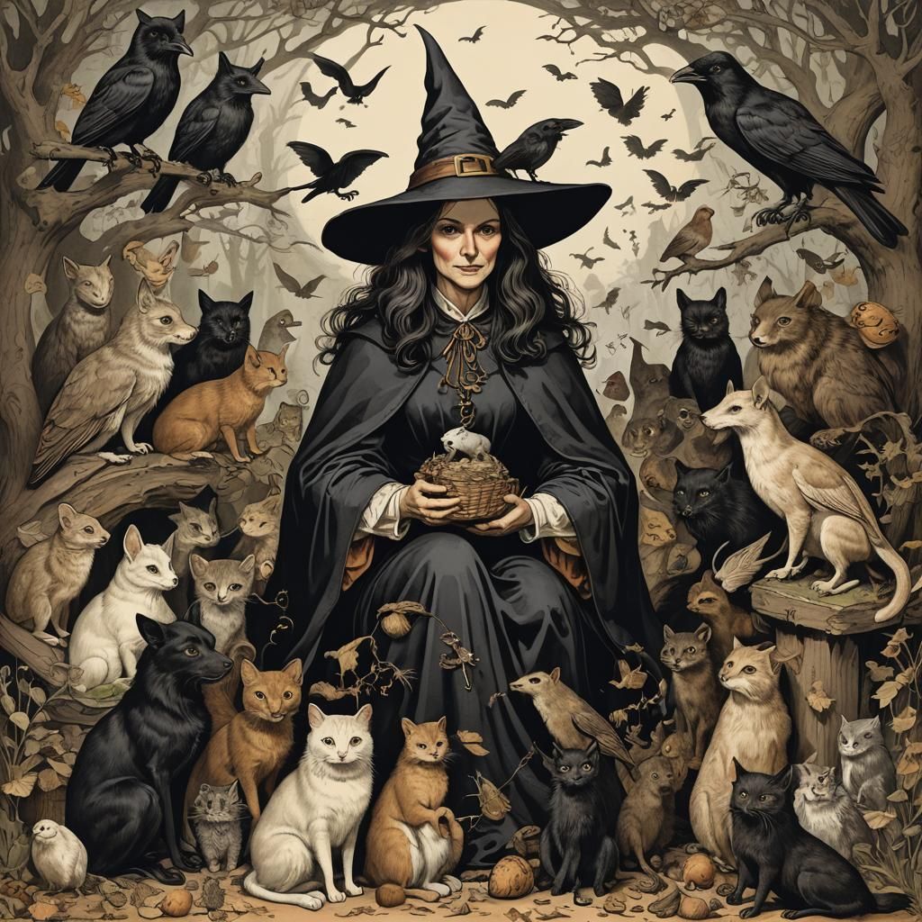 Witch Surrounded by Animal Familiars: Detailed Matte Paintin...