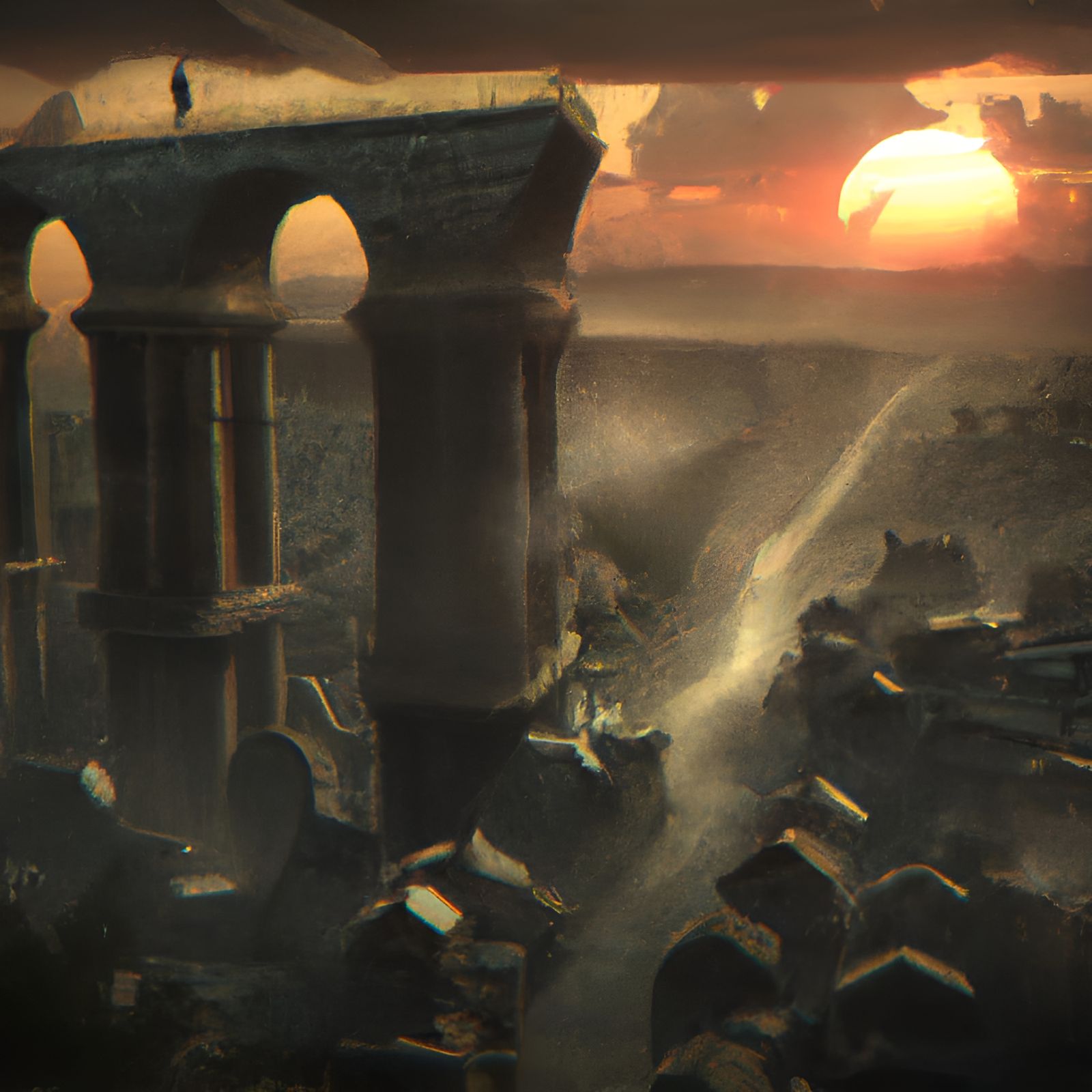 Epic Sunset Cityscape Drawing in Dark Fantasy Style