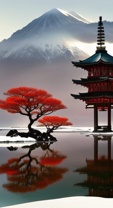 Snowy Japanese Teahouse Watercolor Painting