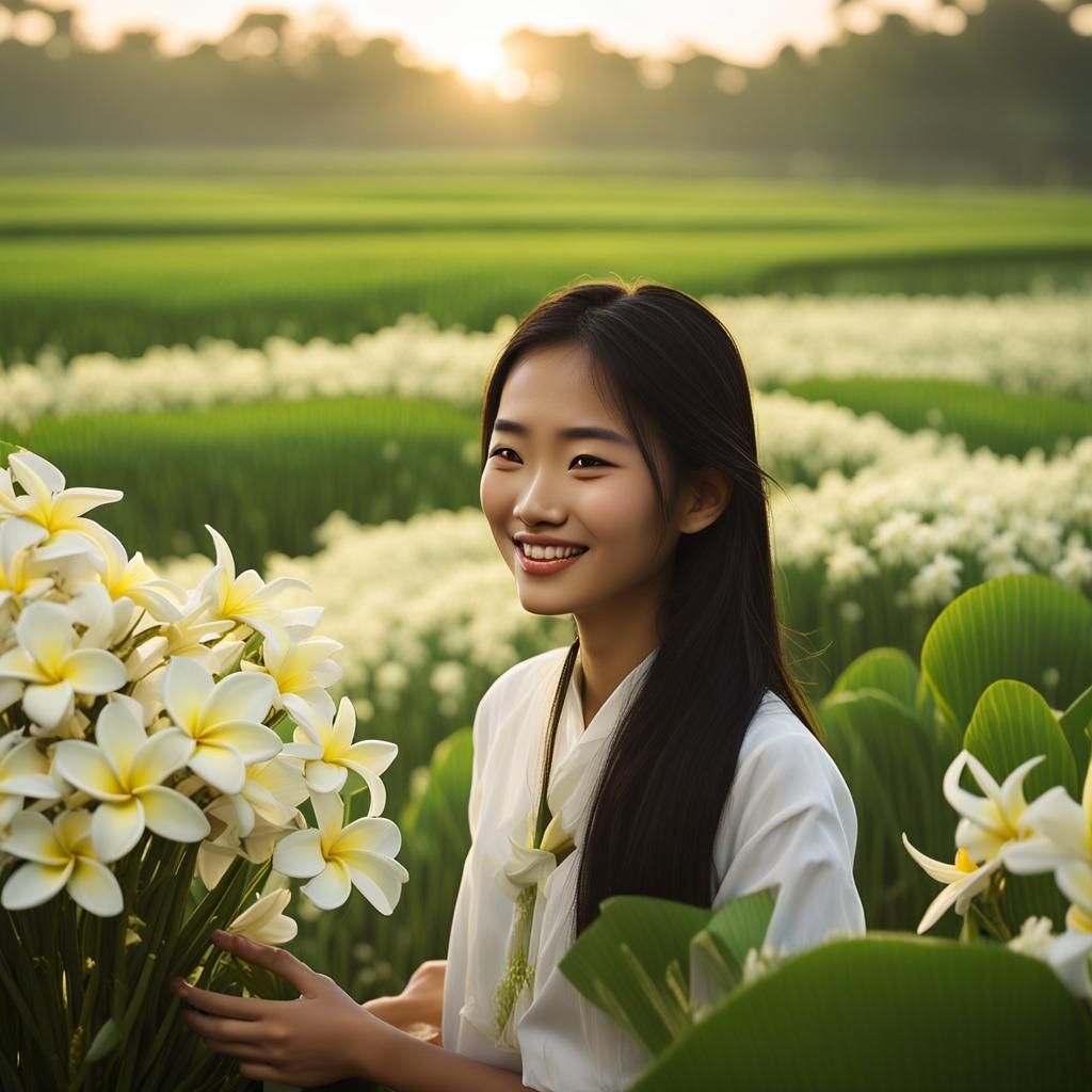 A young Vietnamese girl, around 15-18 years old, with gentle features and flowing dark hair adorned with fragrant white ...