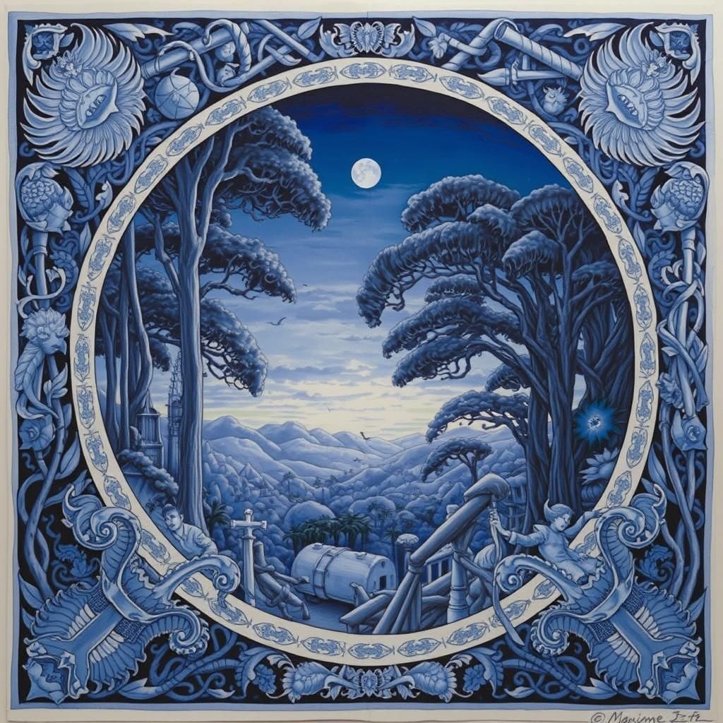 Intricate Blue Ink Drawing of Entangled Shadows