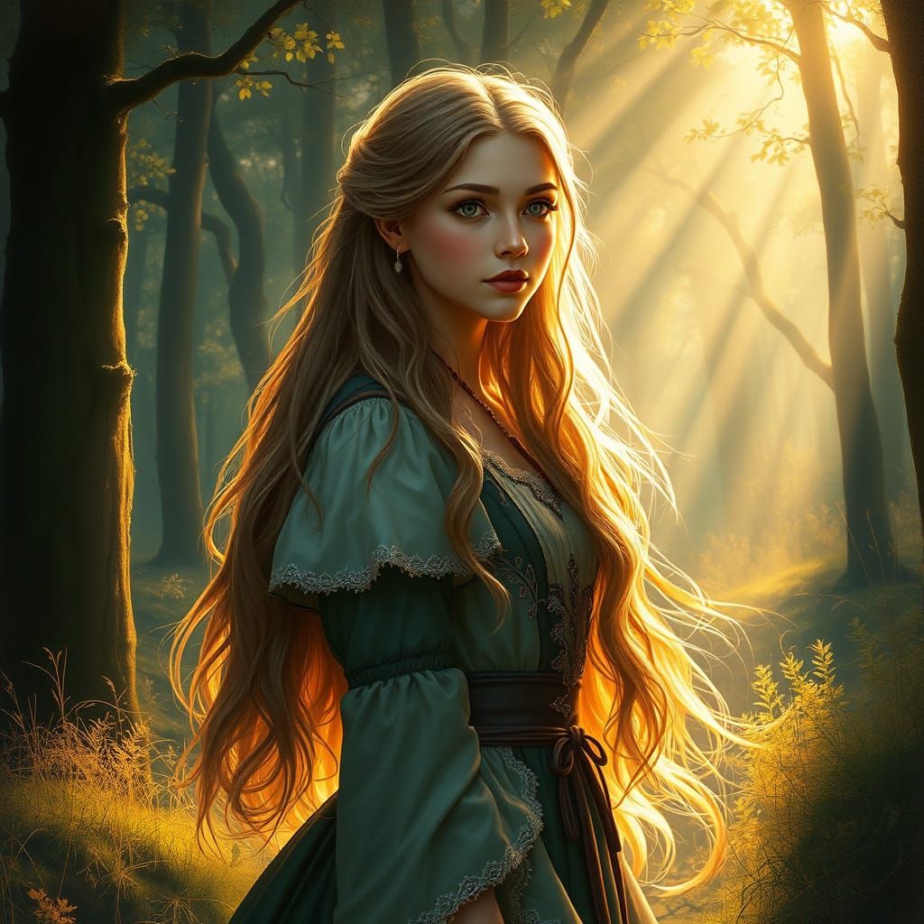 Woman at Enchanted Forest Edge in Ethereal Light