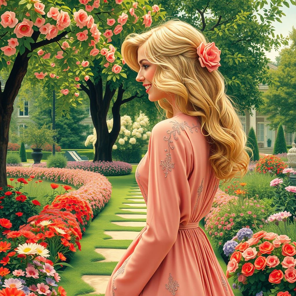 European Woman Strolling into a Vibrant Garden in Art Nouvea...