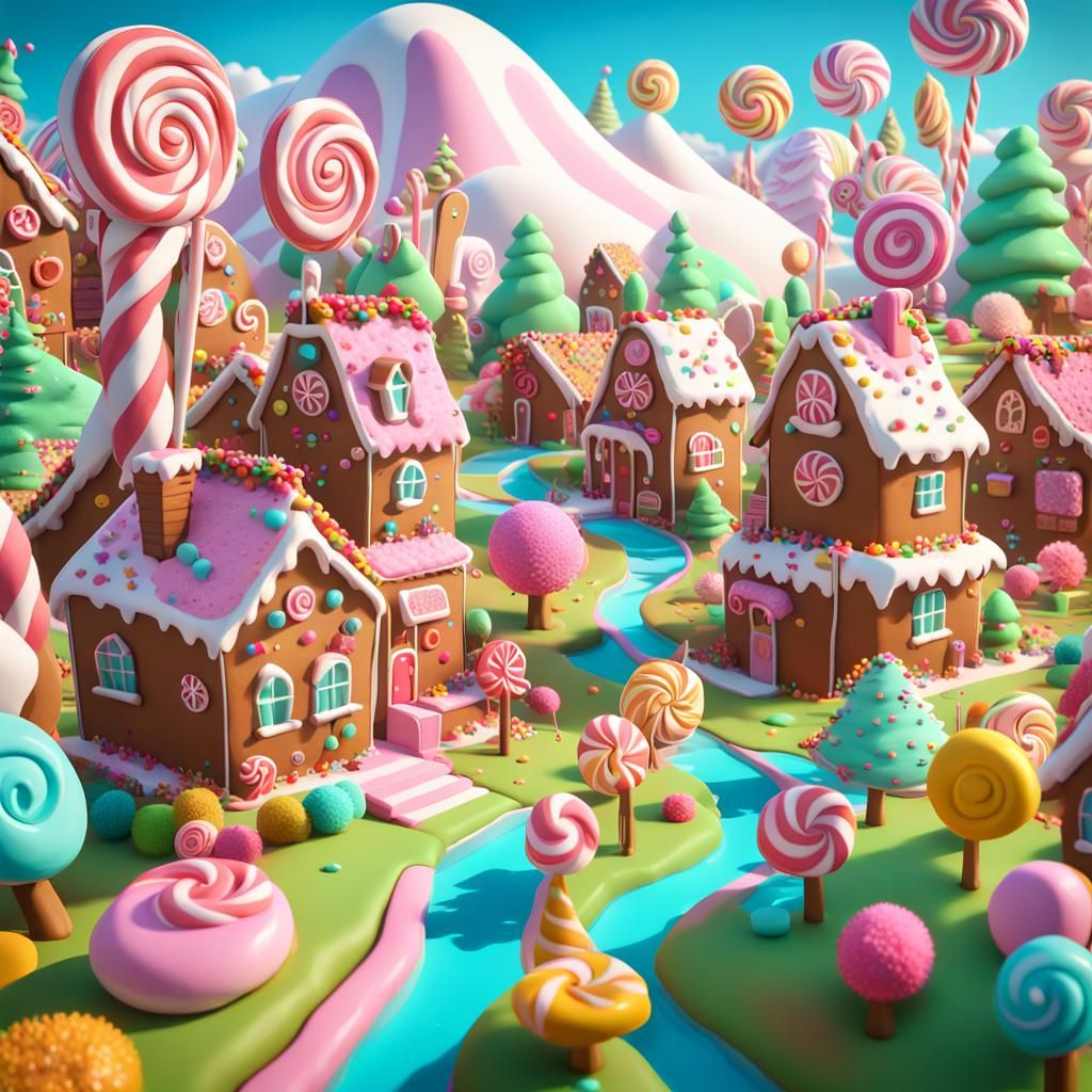 Candy Gingerbread Town in Candyland Pixar Style