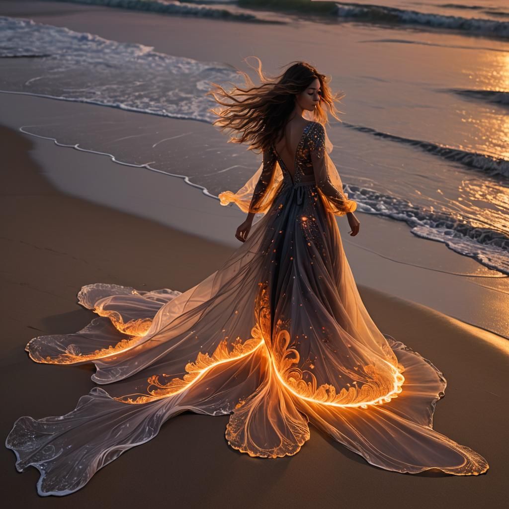 Woman on Beach with Fractal Glowing Dress