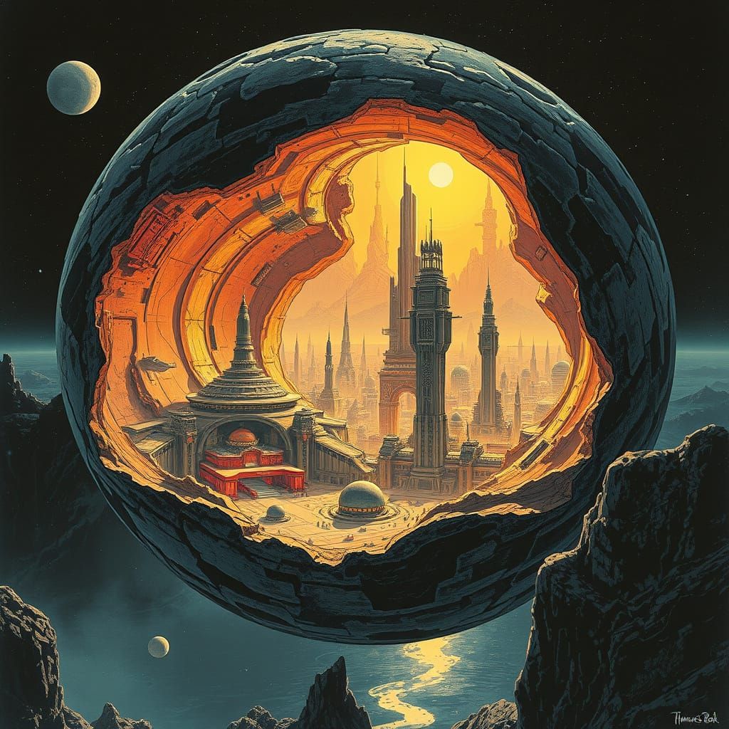 Futuristic Metropolis Inside Asteroid: Hannes Bok Illustrati...