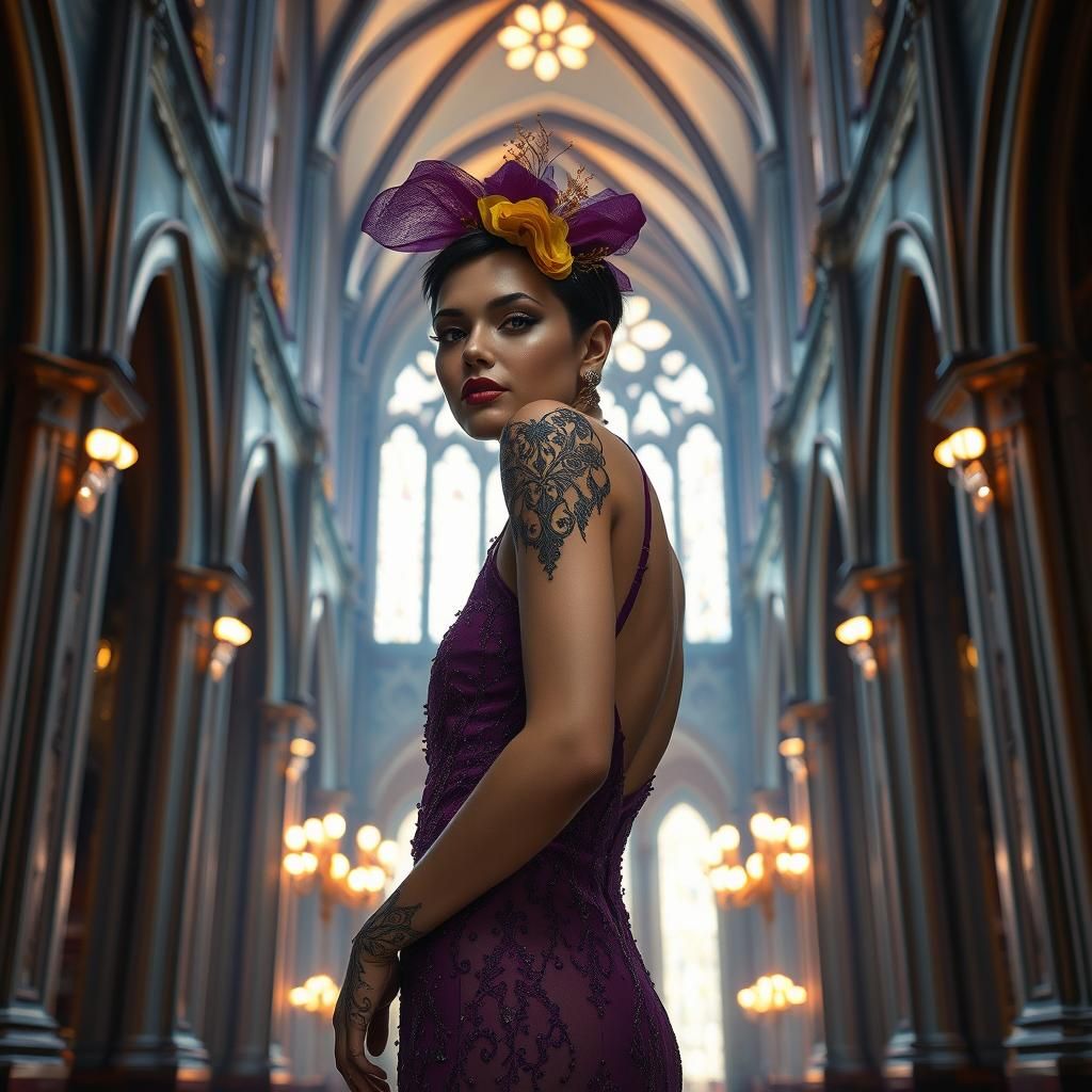 Art Deco Model in Gothic Cathedral, Hyperrealistic