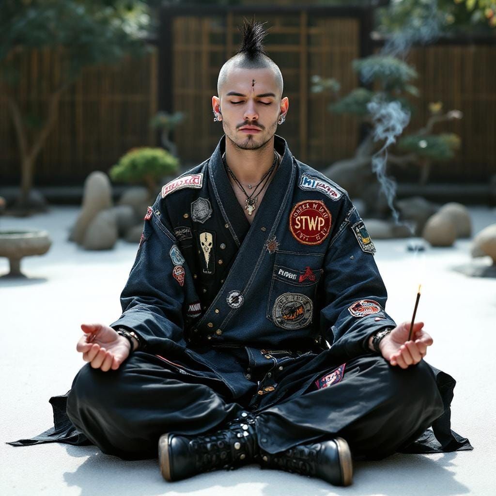 Punk Monk Meditating in Zen Garden