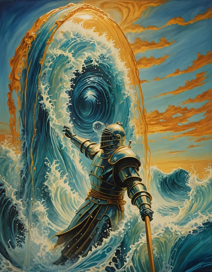 Hydro Knight Battles Giant Wave: Surreal Oil Painting
