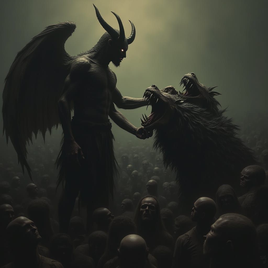 The Antichrist Petting the Three-Headed Beast in a Dark, Omi...