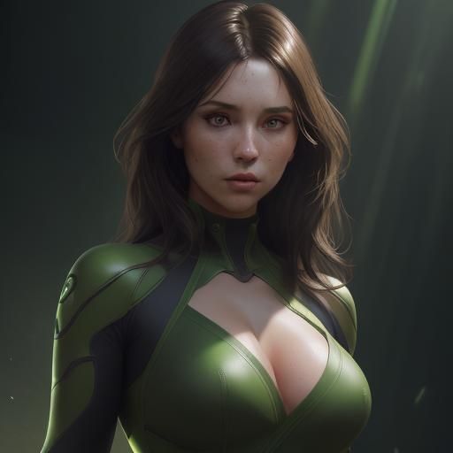 Brunette in Green Dress: Hyperdetailed Digital Portrait