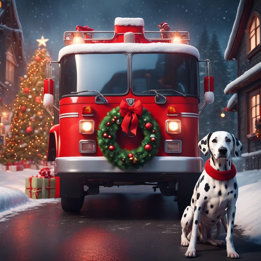 Festive Firetruck with Dalmatian in Detailed Matte Painting