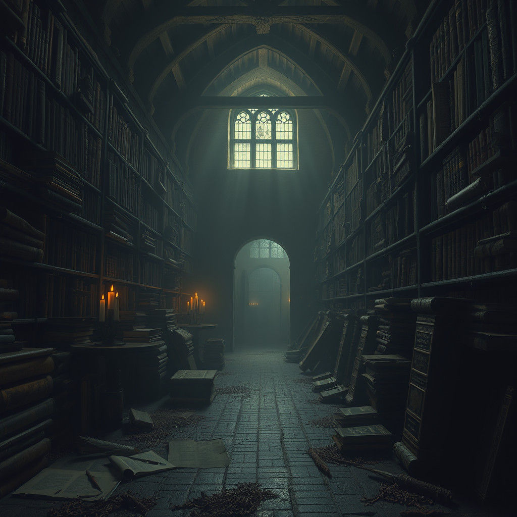 Haunting Library of Human Sorrow in Surrealist Style